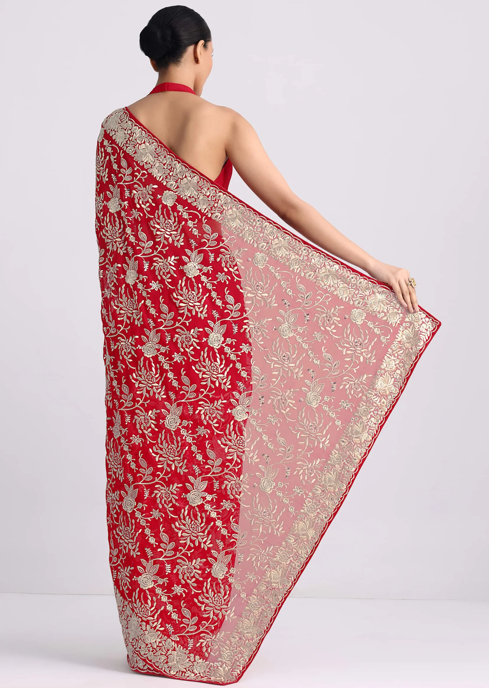 Red Saree In Georgette with Parsi Gara Work