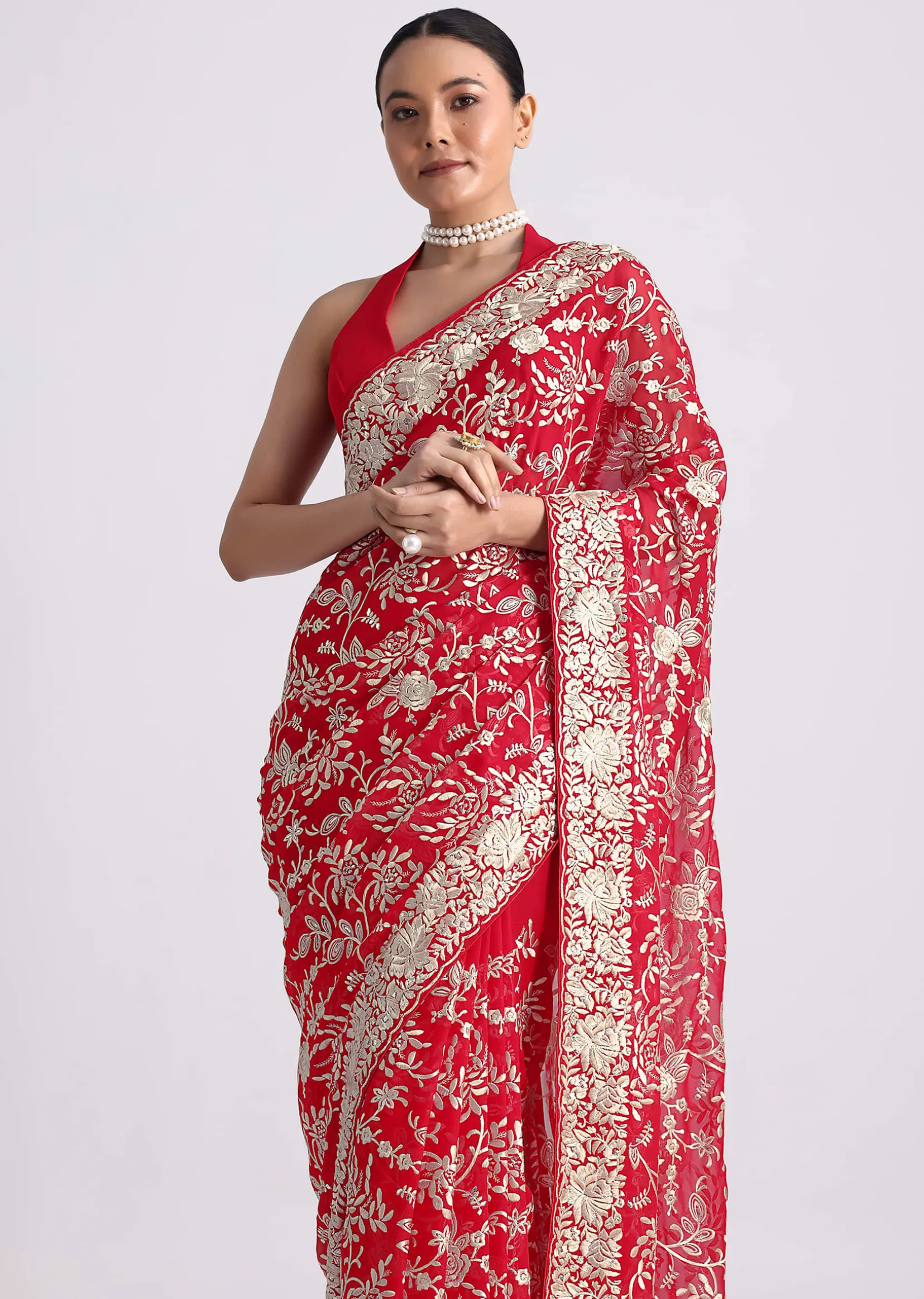 Red Saree In Georgette with Parsi Gara Work