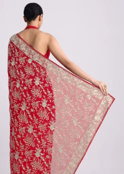 Red Saree In Georgette with Parsi Gara Work