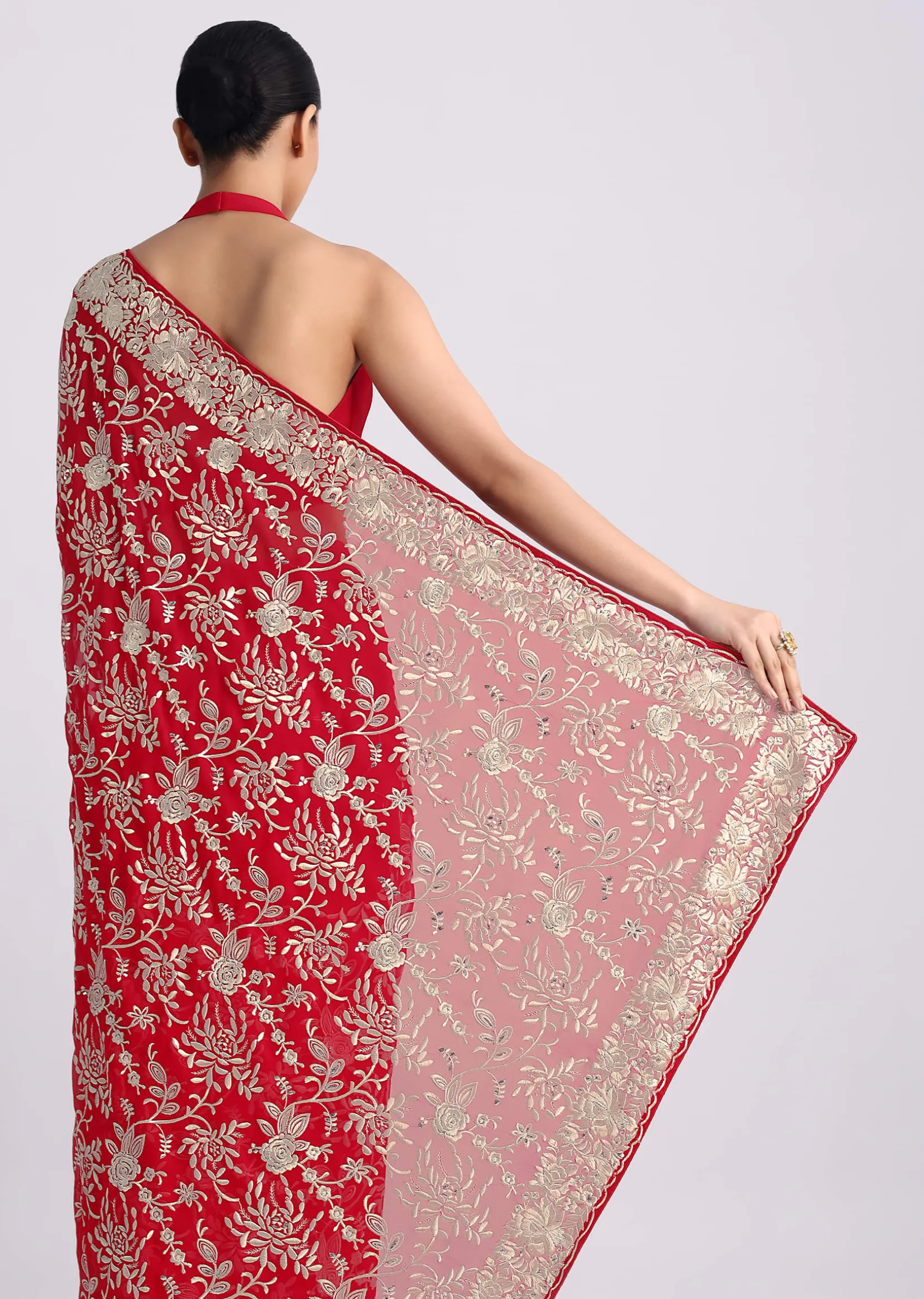 Red Saree In Georgette with Parsi Gara Work