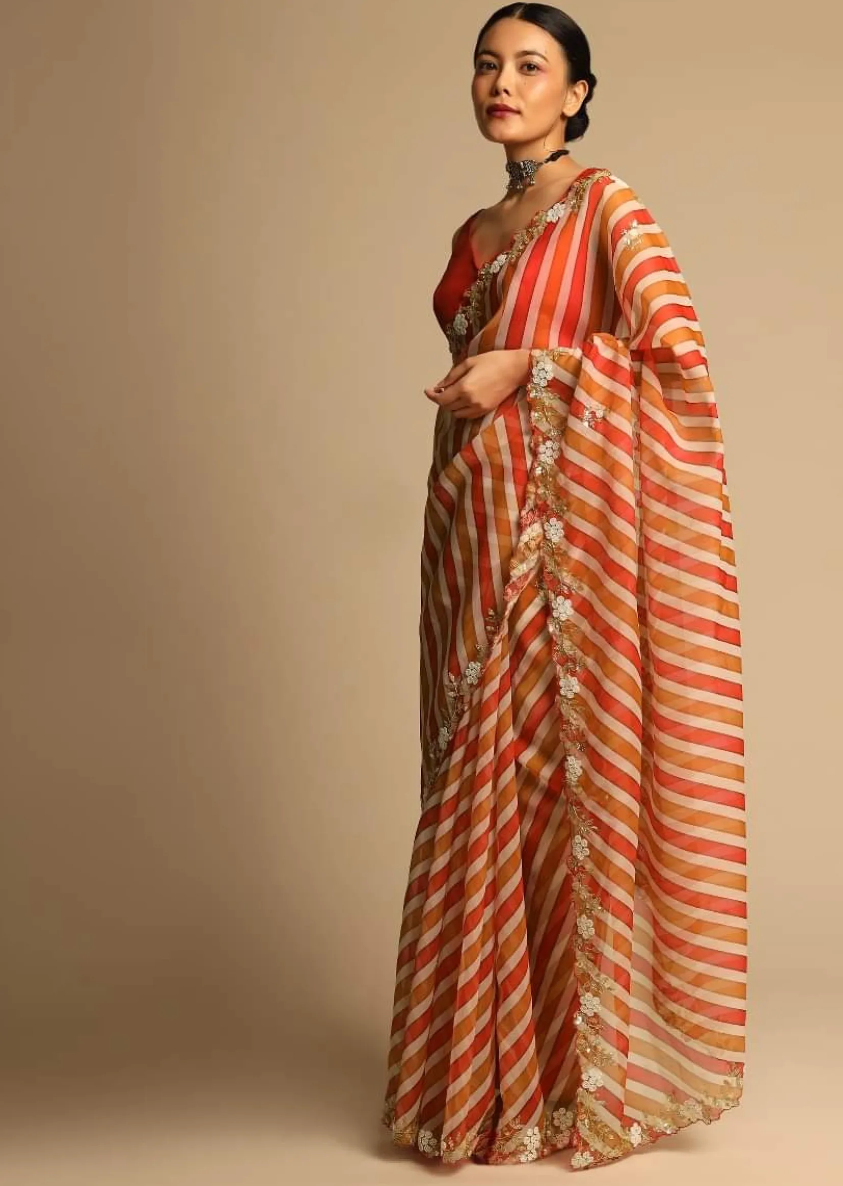 Red Saree In Organza With Striped Print All Over And Moti Embroidered Border Along With Unstitched Blouse