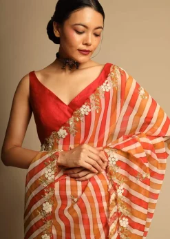 Red Saree In Organza With Striped Print All Over And Moti Embroidered Border Along With Unstitched Blouse