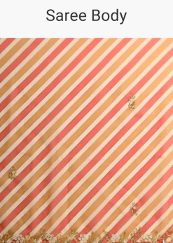 Red Saree In Organza With Striped Print All Over And Moti Embroidered Border Along With Unstitched Blouse
