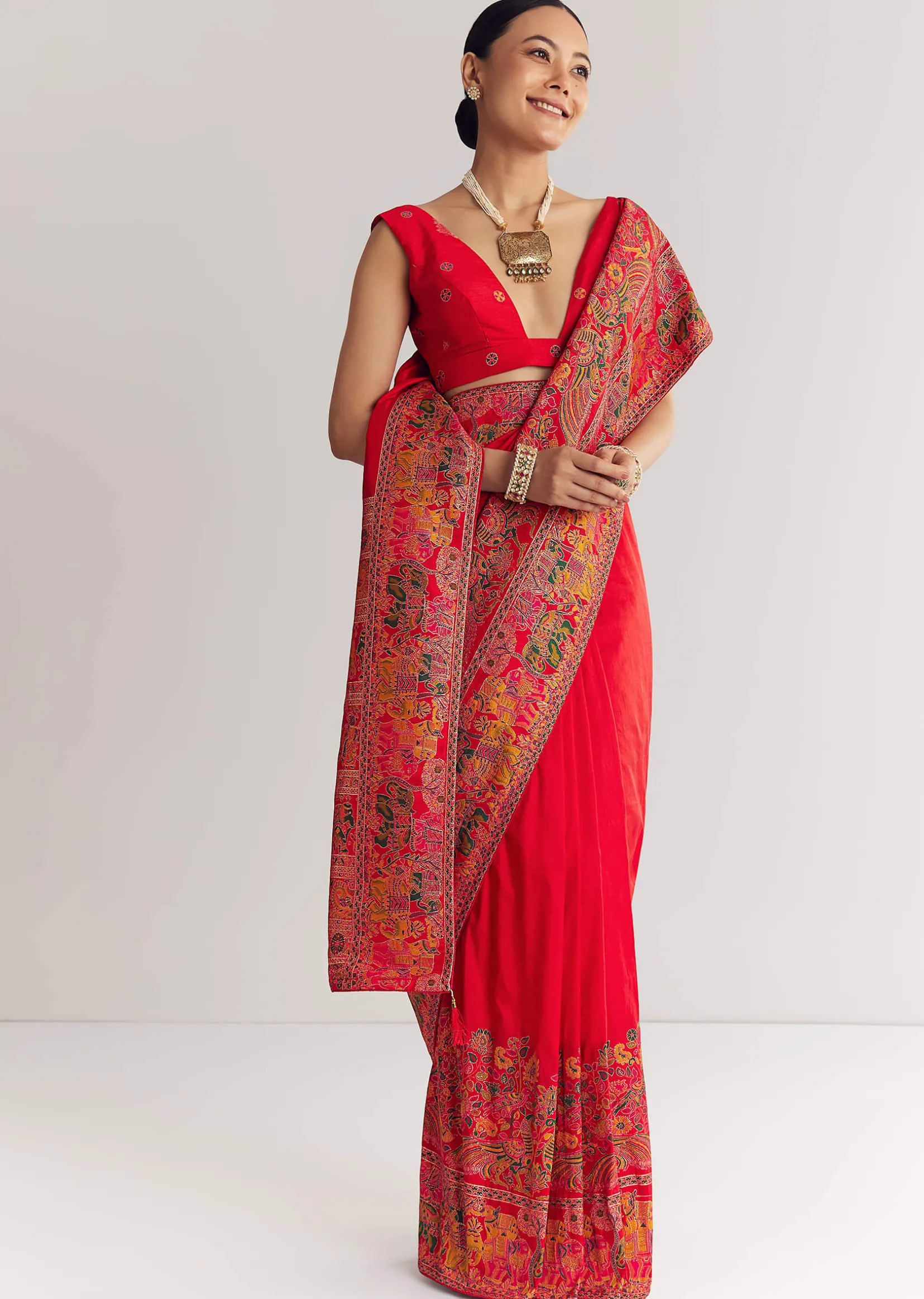 Red Saree With Traditional Floral And Animal Prints