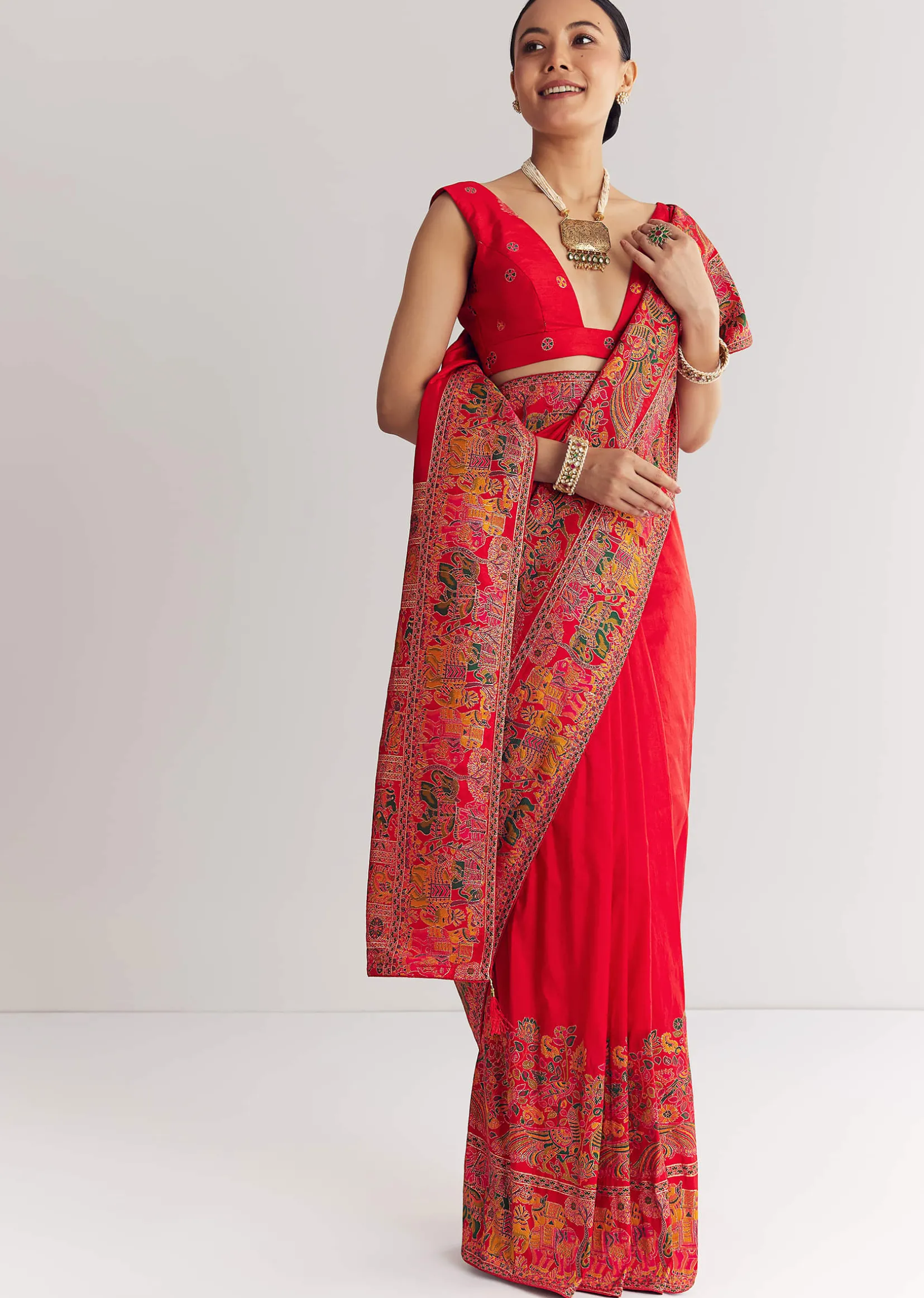 Red Saree With Traditional Floral And Animal Prints