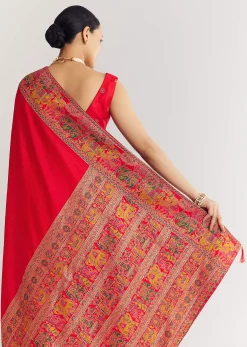 Red Saree With Traditional Floral And Animal Prints