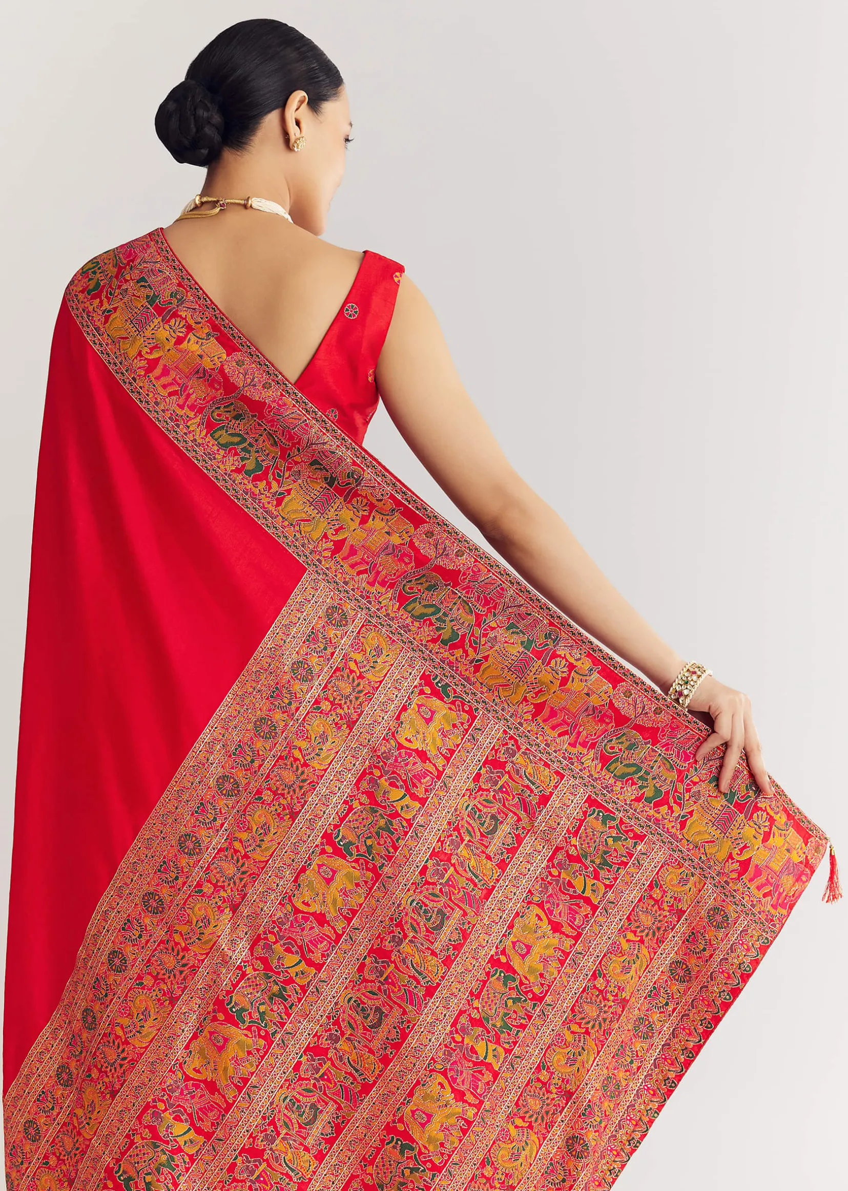 Red Saree With Traditional Floral And Animal Prints
