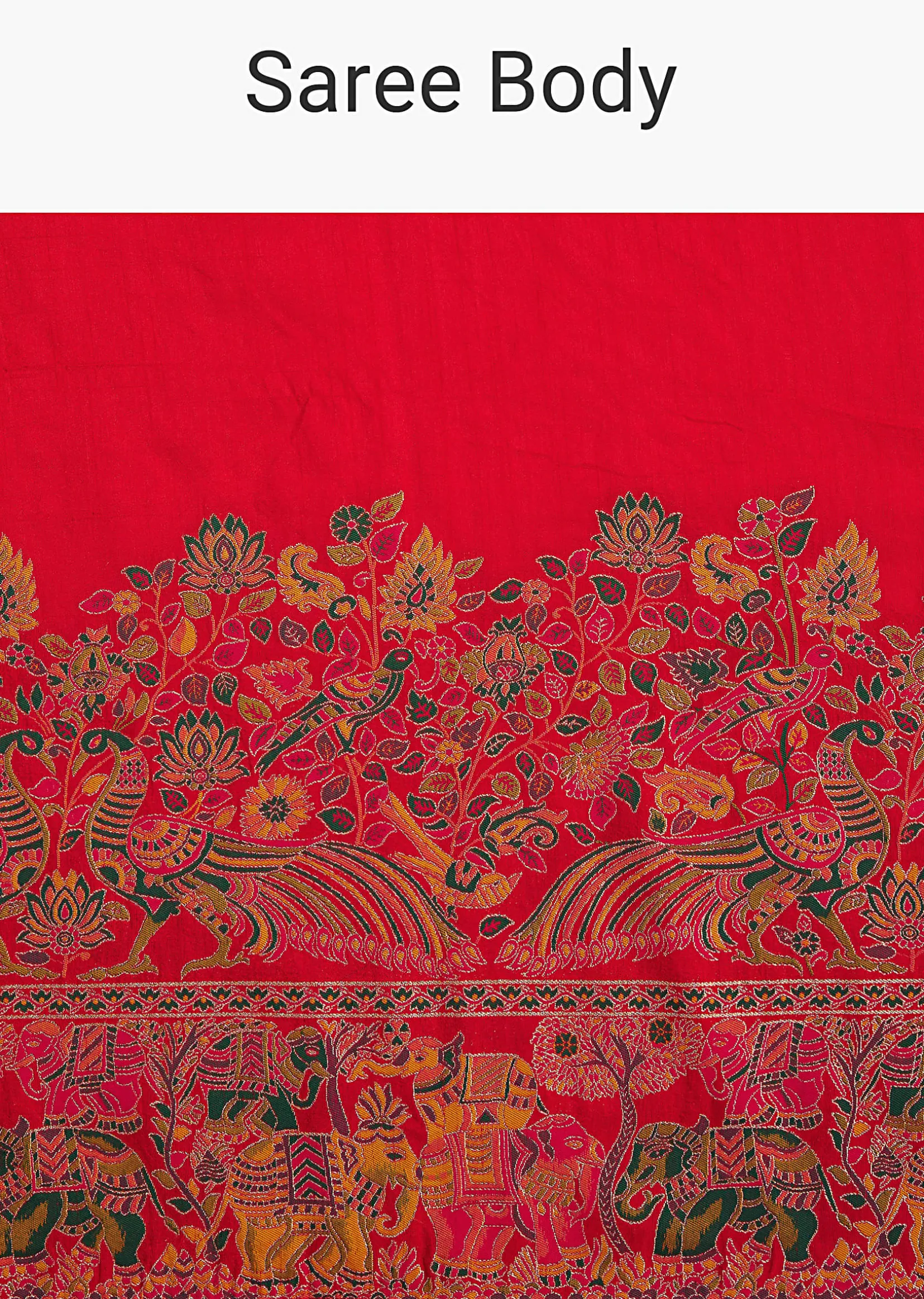 Red Saree With Traditional Floral And Animal Prints