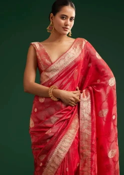 Red Saree With Zari Motif and Heavy Embroidered Blouse