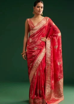 Red Saree With Zari Motif and Heavy Embroidered Blouse