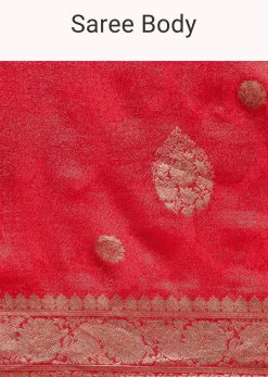 Red Saree With Zari Motif and Heavy Embroidered Blouse