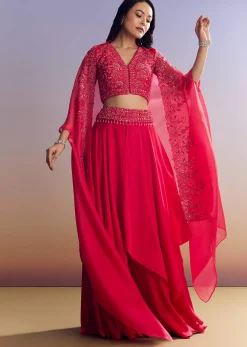 Red Satin Crop Top Set With Embroidered Organza Cape