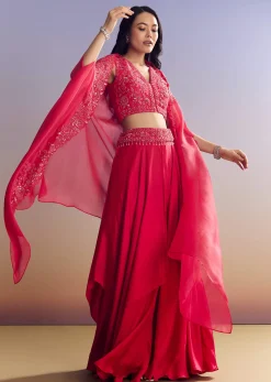 Red Satin Crop Top Set With Embroidered Organza Cape