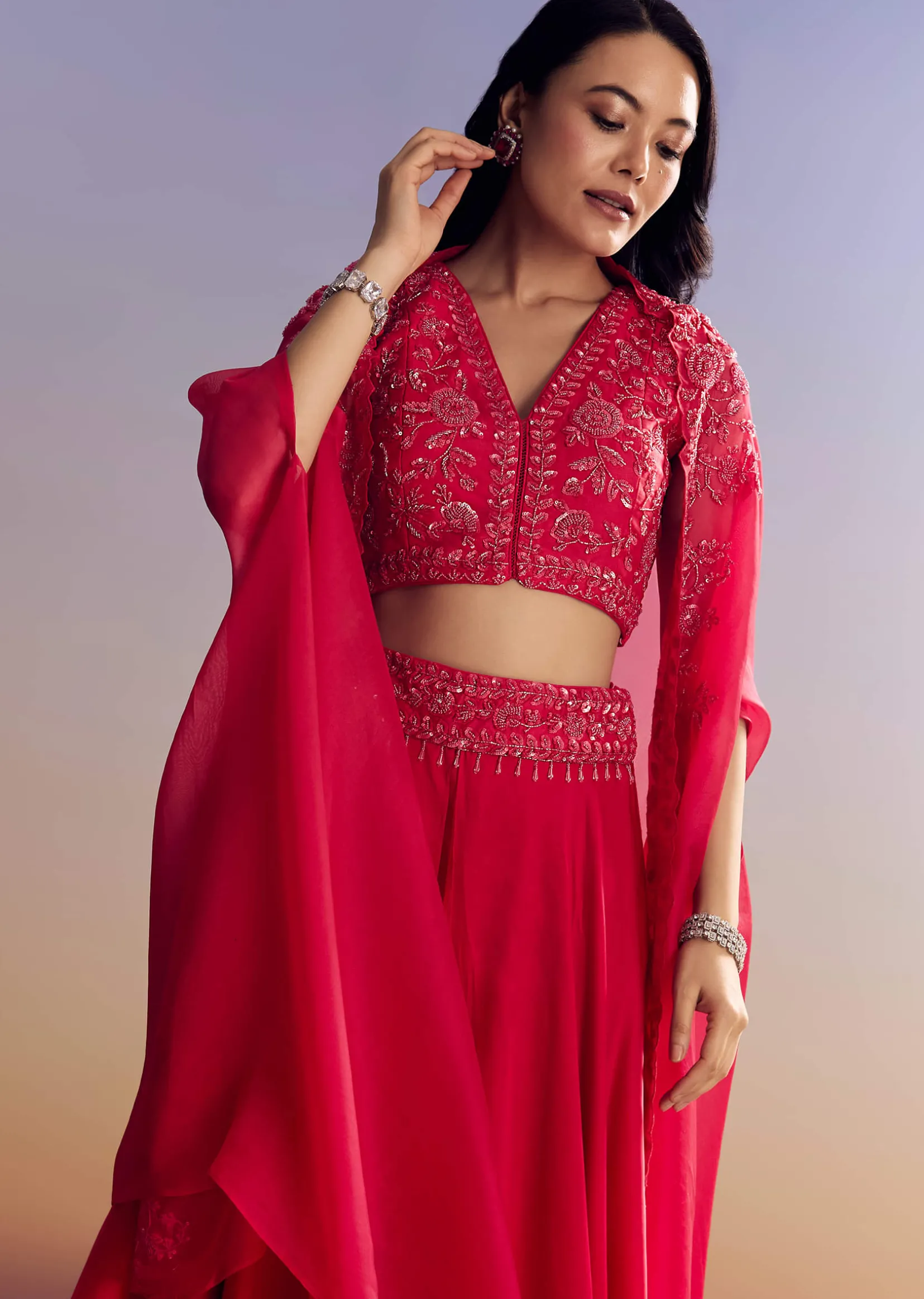 Red Satin Crop Top Set With Embroidered Organza Cape