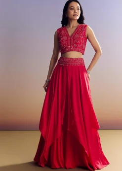 Red Satin Crop Top Set With Embroidered Organza Cape