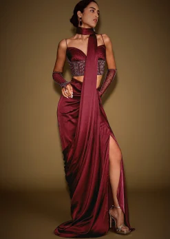 Red Satin Drape Skirt With Embroidered Blouse And Drape Dupatta