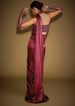 Red Satin Drape Skirt With Embroidered Blouse And Drape Dupatta