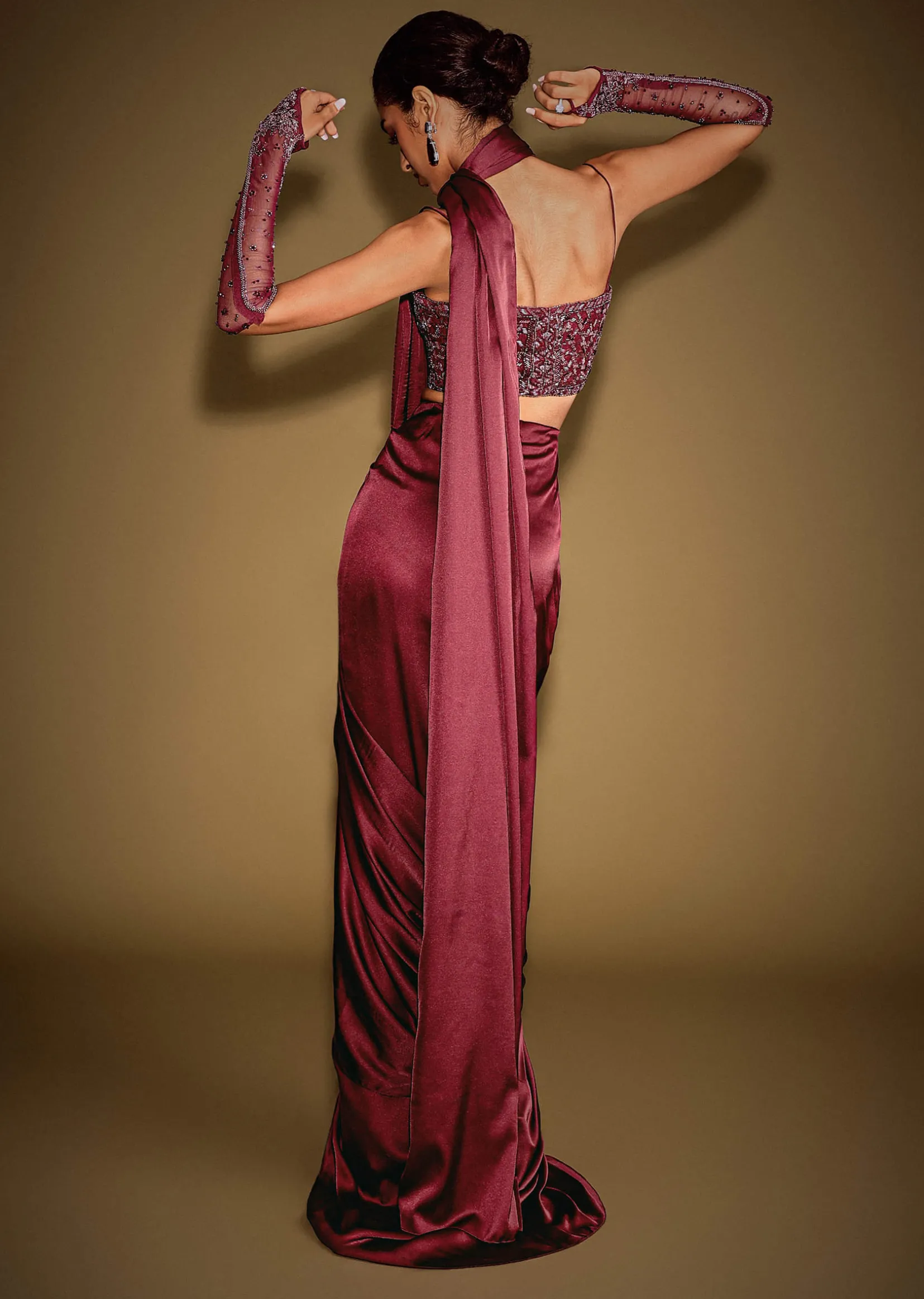 Red Satin Drape Skirt With Embroidered Blouse And Drape Dupatta