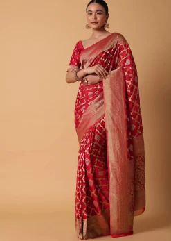 Red Satin Organza Saree With Moroccan Jaal Weave And Unstitched Blouse Piece