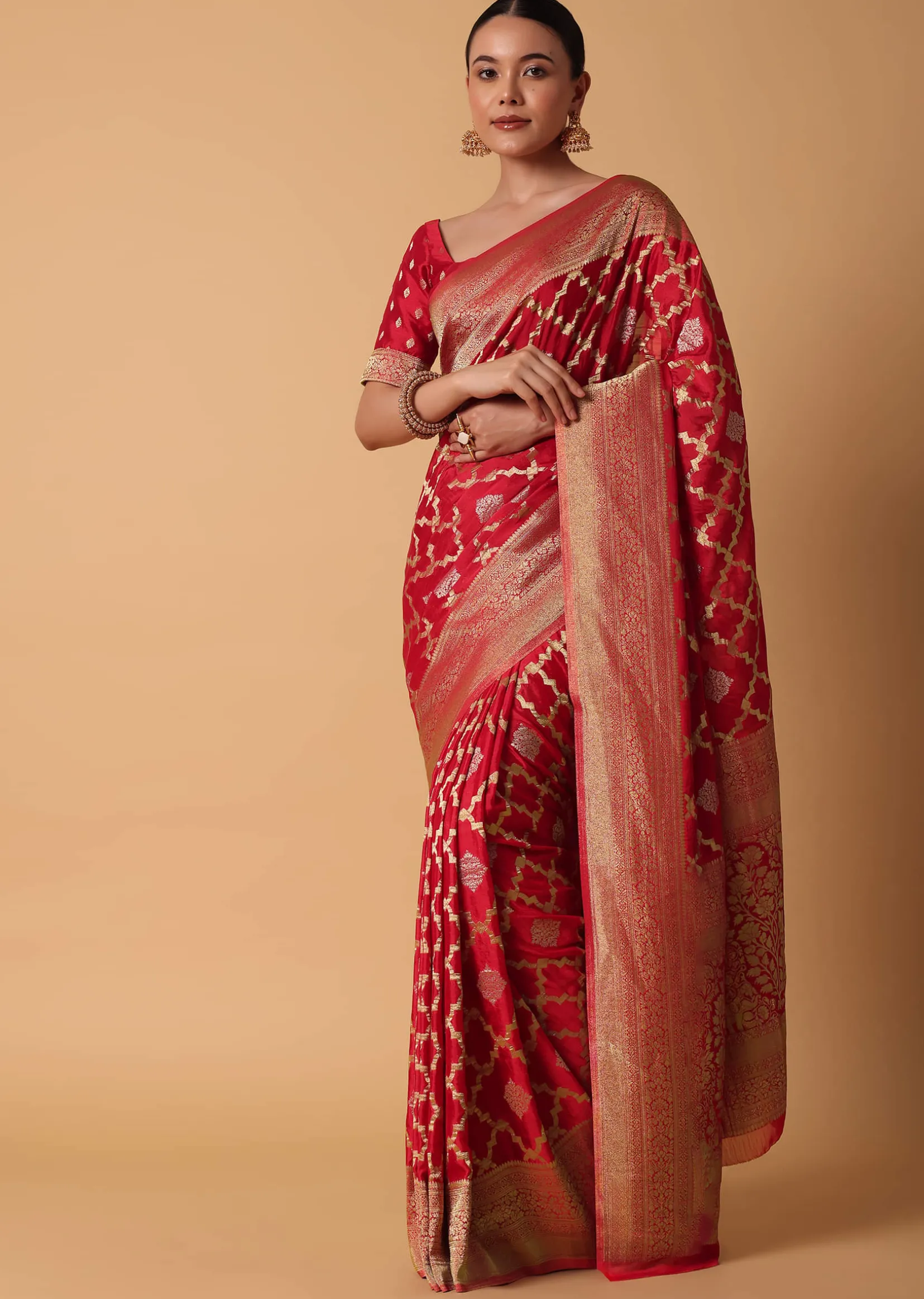 Red Satin Organza Saree With Moroccan Jaal Weave And Unstitched Blouse Piece