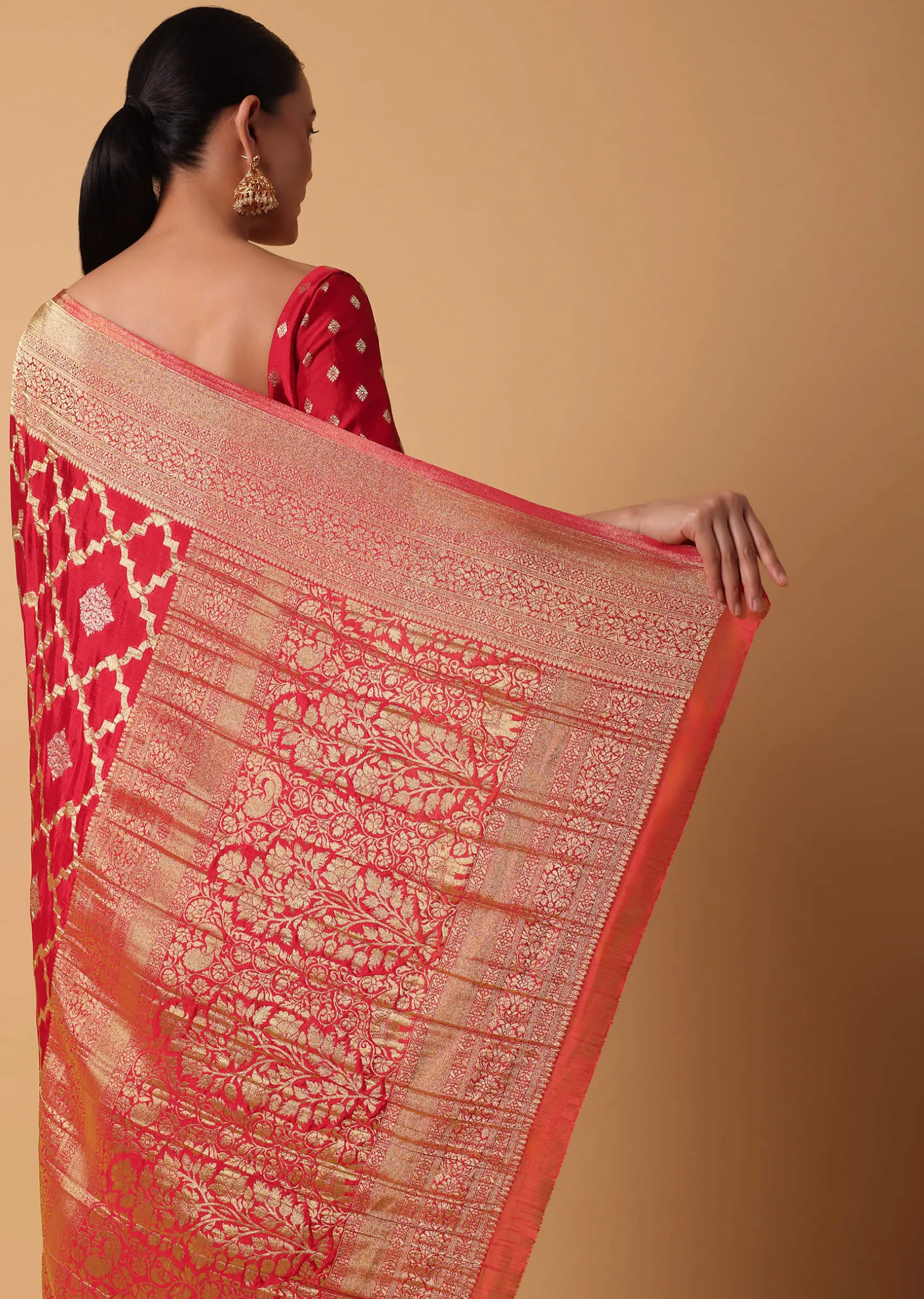 Red Satin Organza Saree With Moroccan Jaal Weave And Unstitched Blouse Piece
