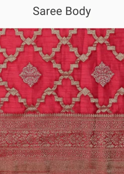 Red Satin Organza Saree With Moroccan Jaal Weave And Unstitched Blouse Piece