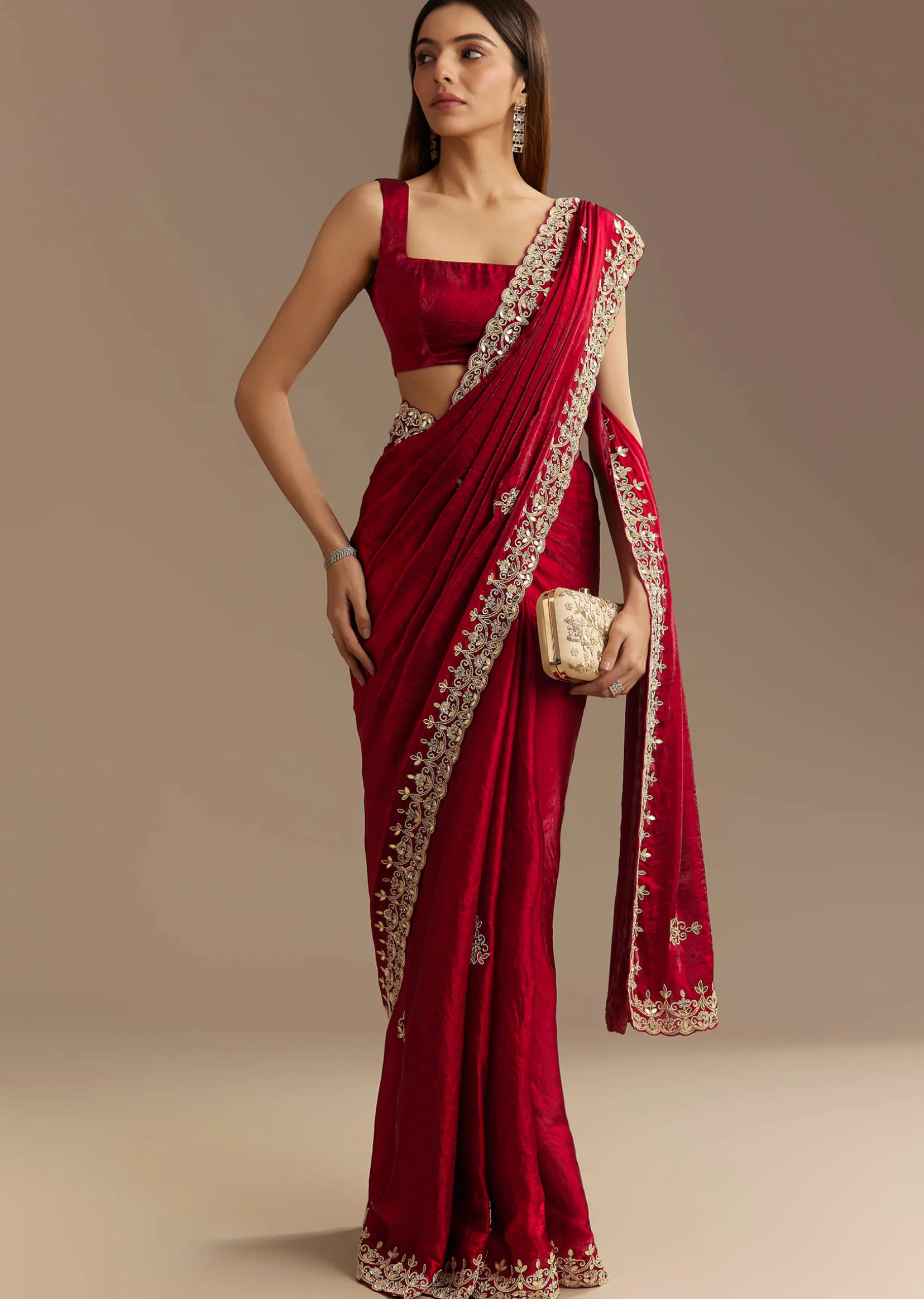Red Satin Saree With Gotapatti And Scallop Border