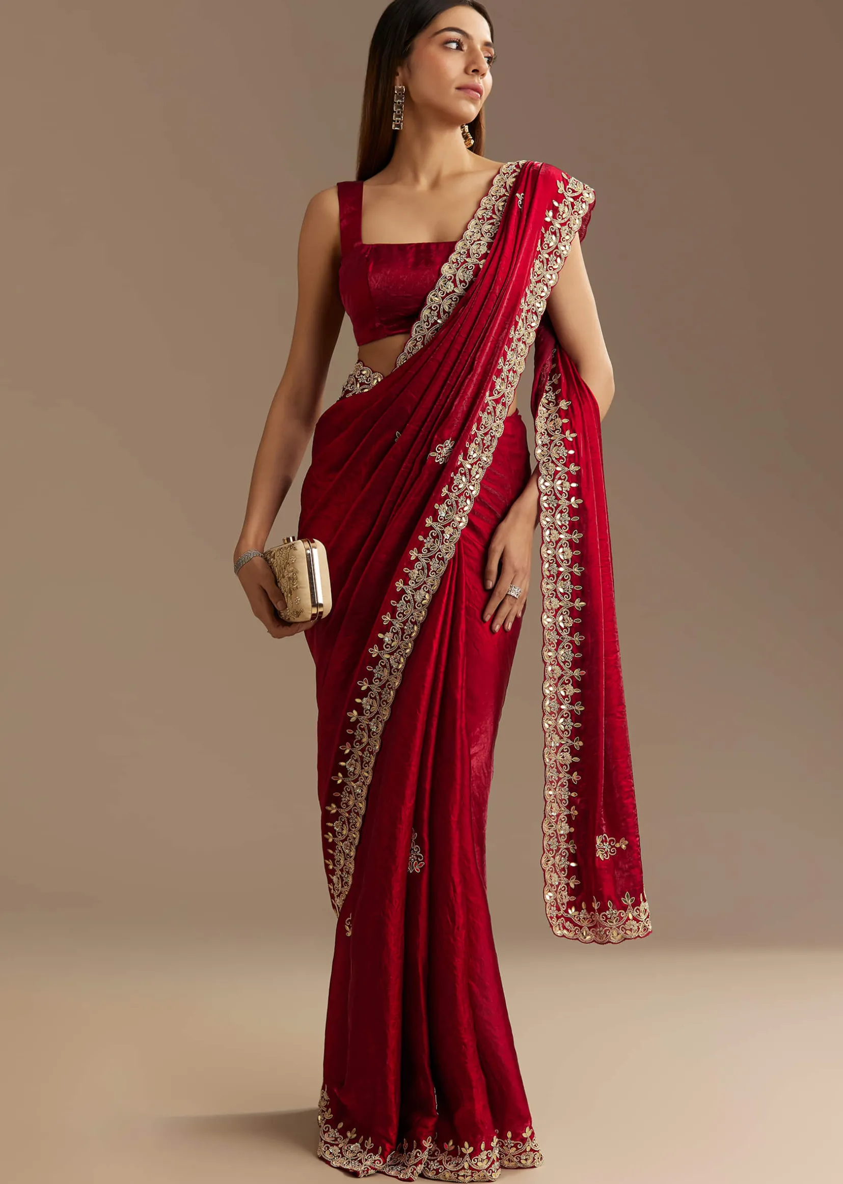 Red Satin Saree With Gotapatti And Scallop Border