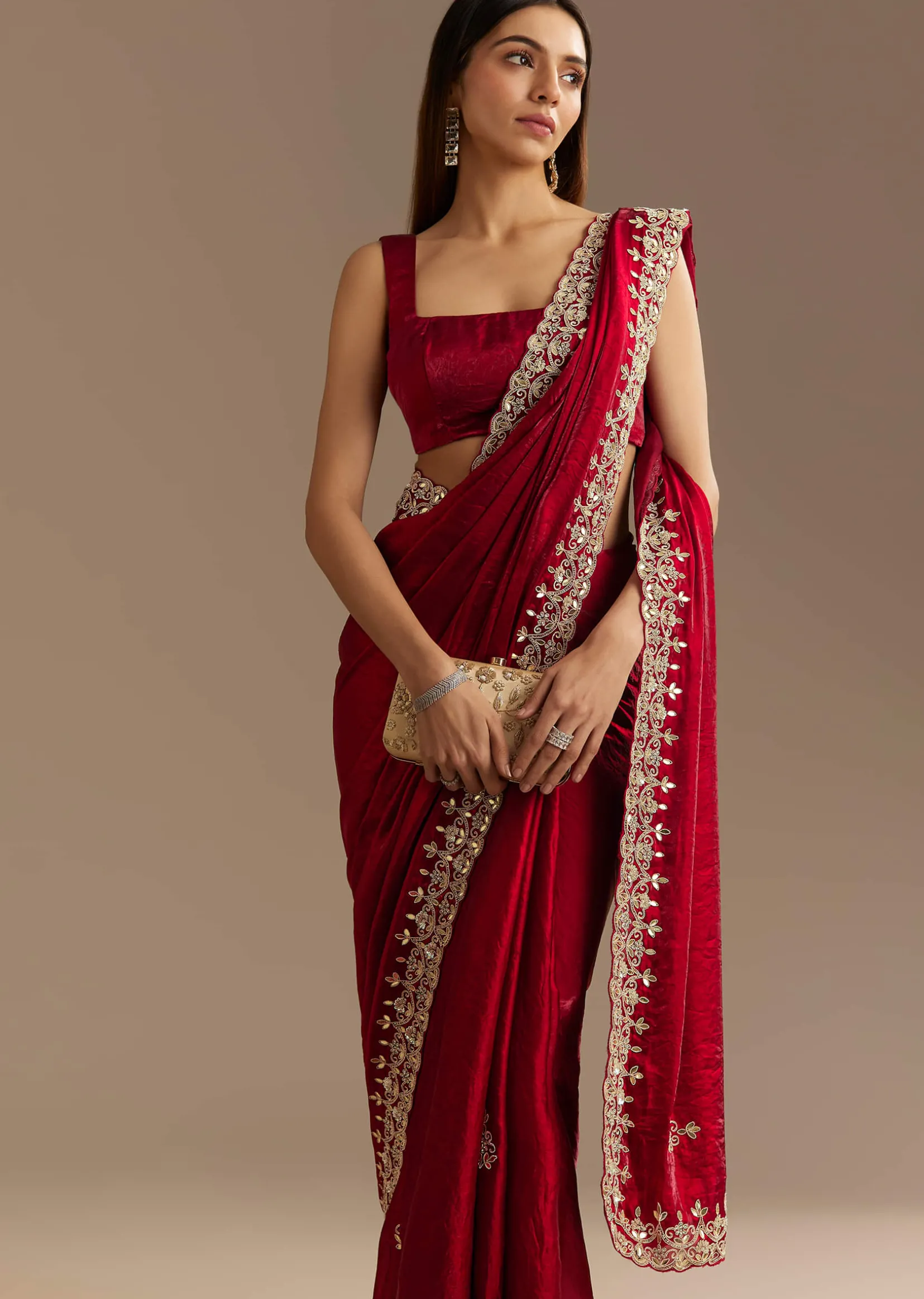 Red Satin Saree With Gotapatti And Scallop Border