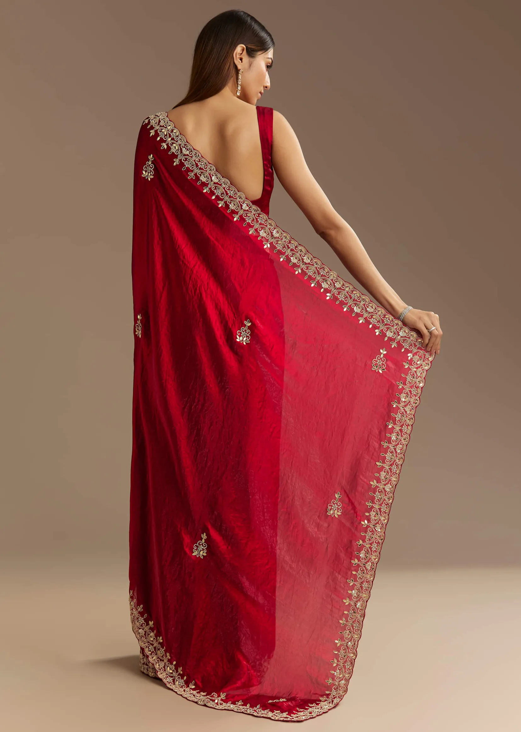 Red Satin Saree With Gotapatti And Scallop Border