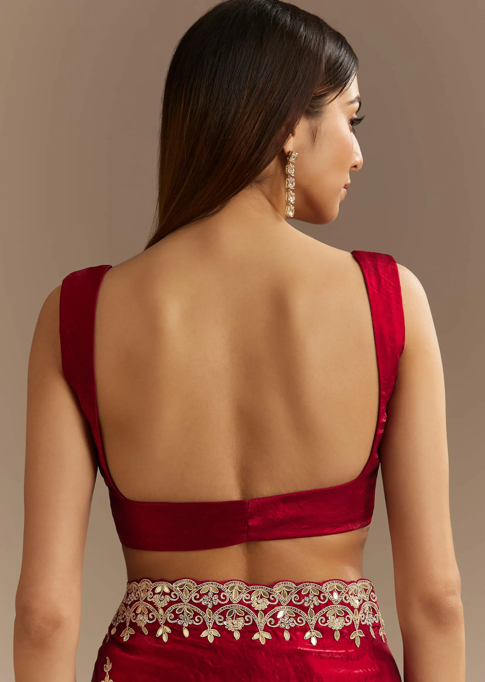 Red Satin Saree With Gotapatti And Scallop Border