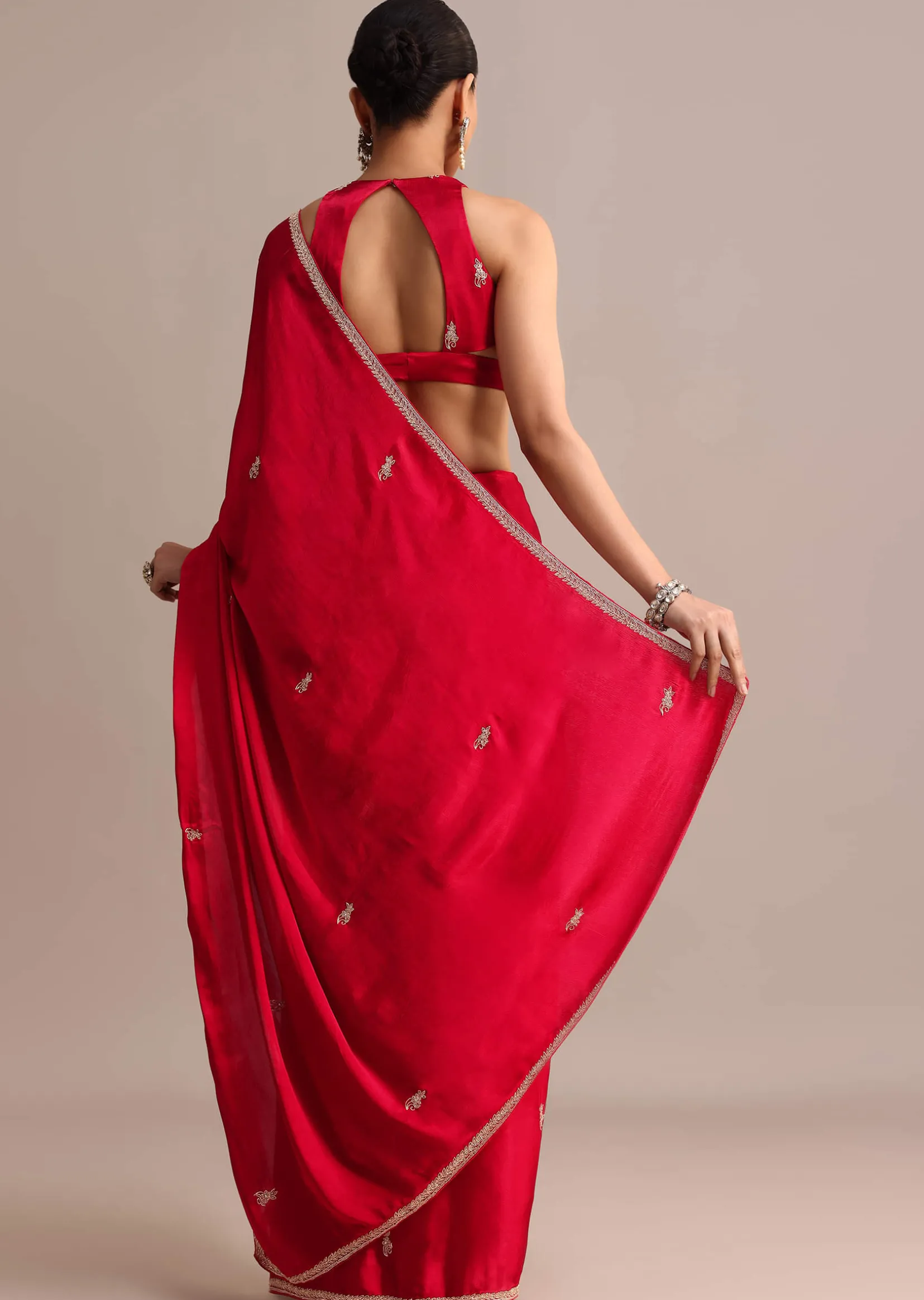 Red Satin Saree With Stone Embroidered Border And Unstitched Blouse