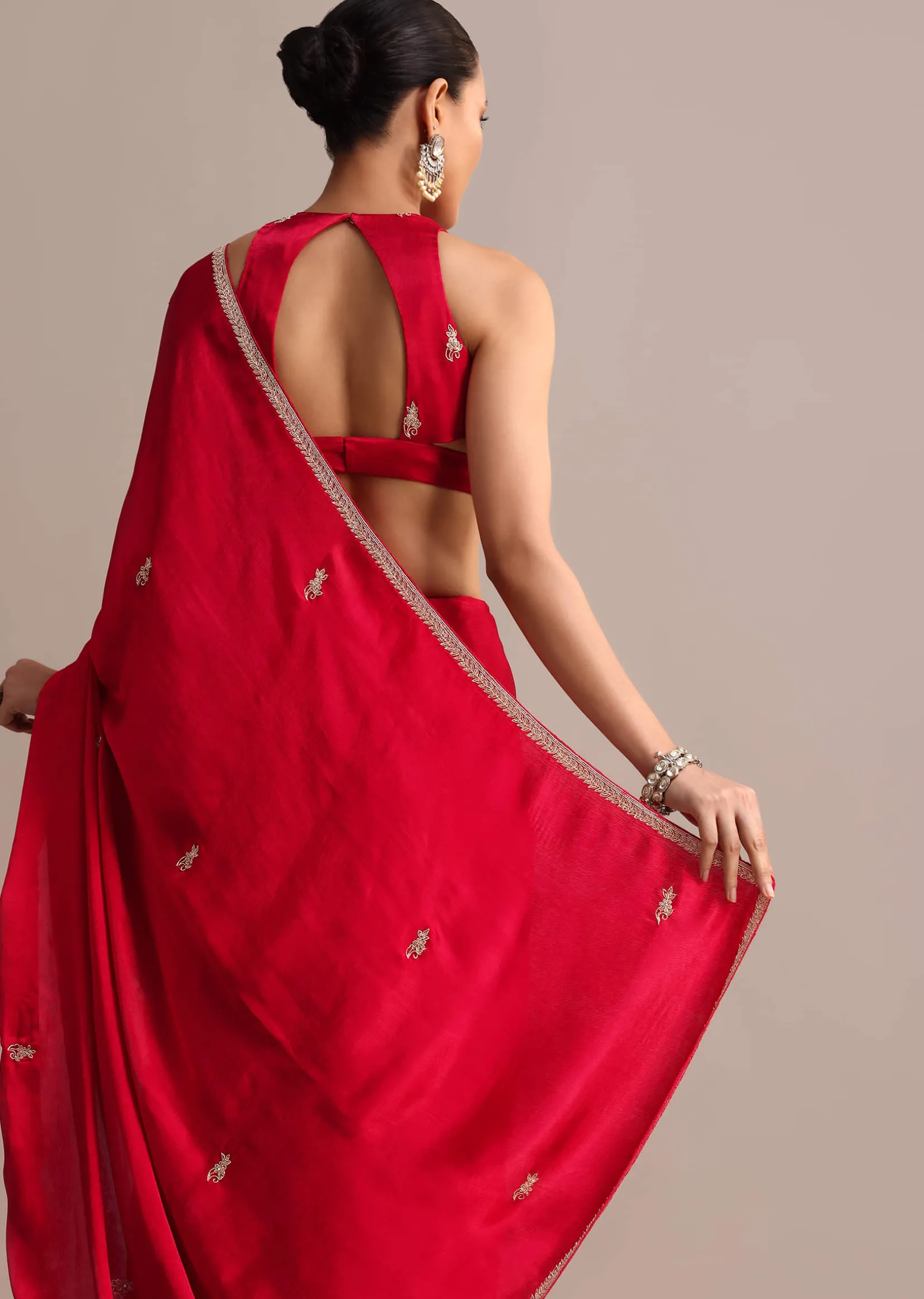 Red Satin Saree With Stone Embroidered Border And Unstitched Blouse