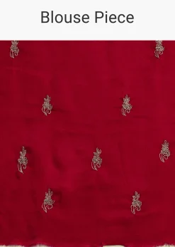 Red Satin Saree With Stone Embroidered Border And Unstitched Blouse