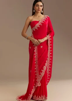 Red Satin Saree With Zardosi Embroidery And Scallop Border