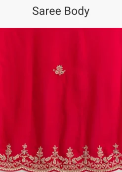 Red Satin Saree With Zardosi Embroidery And Scallop Border