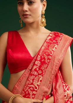Red Satin Saree With Zari Weave