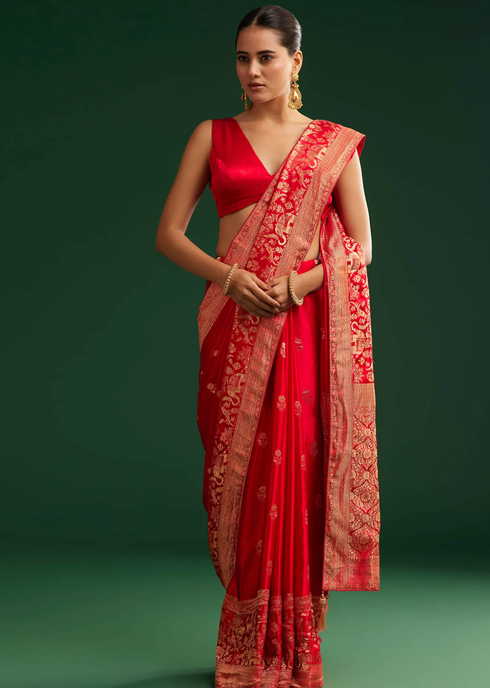 Red Satin Saree With Zari Weave