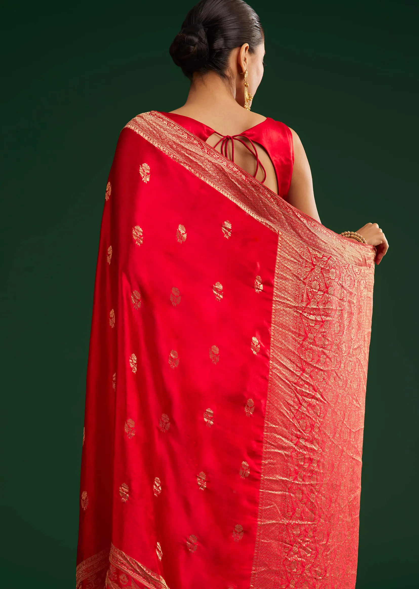 Red Satin Saree With Zari Weave