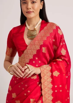 Red Satin Silk Butti Woven Saree With Scallop Brocade Border