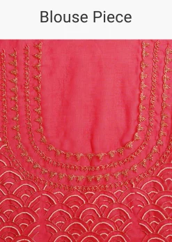Red Scallop Border Organza Saree With Unstitched Blouse