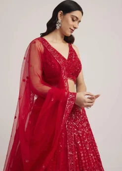 Red Sequin Embellished Lehenga Set