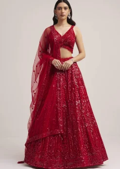 Red Sequin Embellished Lehenga Set