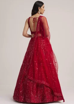 Red Sequin Embellished Lehenga Set
