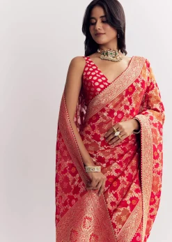 Red Shaded Dola Silk Saree With Zari Jaal Work