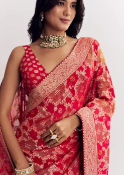 Red Shaded Dola Silk Saree With Zari Jaal Work