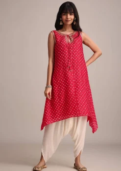 Red Silk Bandhani Print Kurta Dhoti Set