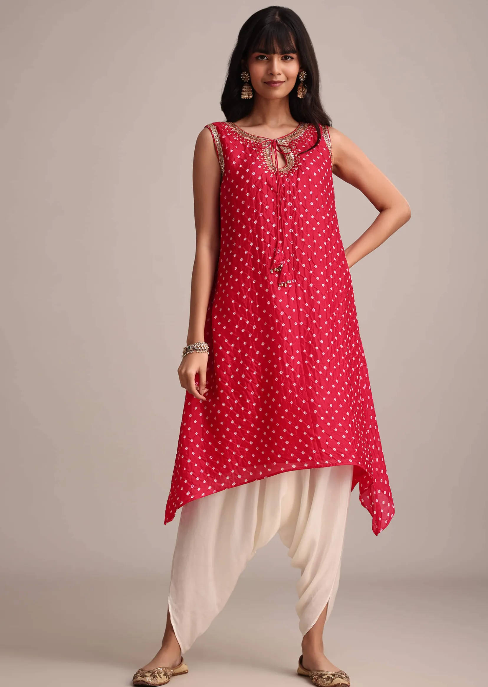 Red Silk Bandhani Print Kurta Dhoti Set