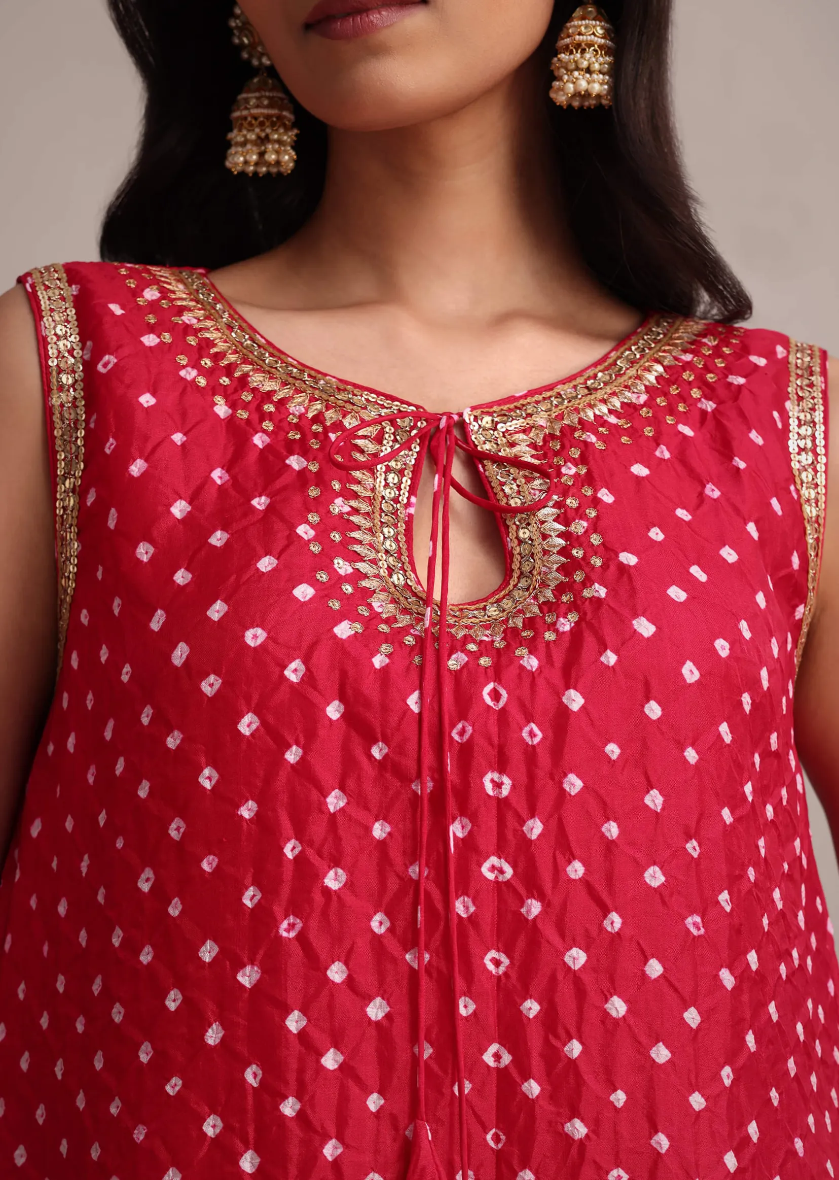 Red Silk Bandhani Print Kurta Dhoti Set