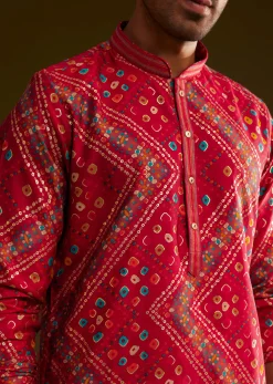Red Silk Bandhani Printed Kurta Set